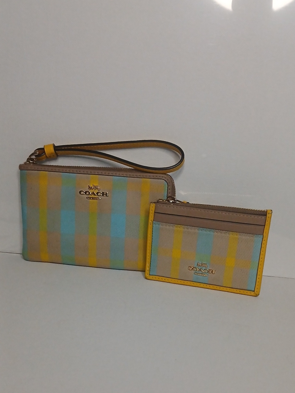 Coach Plaid Wristlet and Card Case in Yellow, Turquoise & Tan